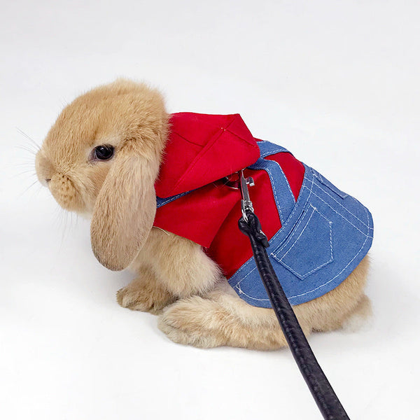 Pet Rabbit Clothes Denim Jacket Coat Small Animal Harness Leash Vest Bag